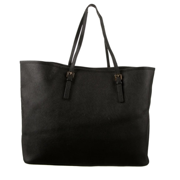 Black leather Michael Kors tote bag with gold-toned accents and flat handles. - Picture 4 of 12
